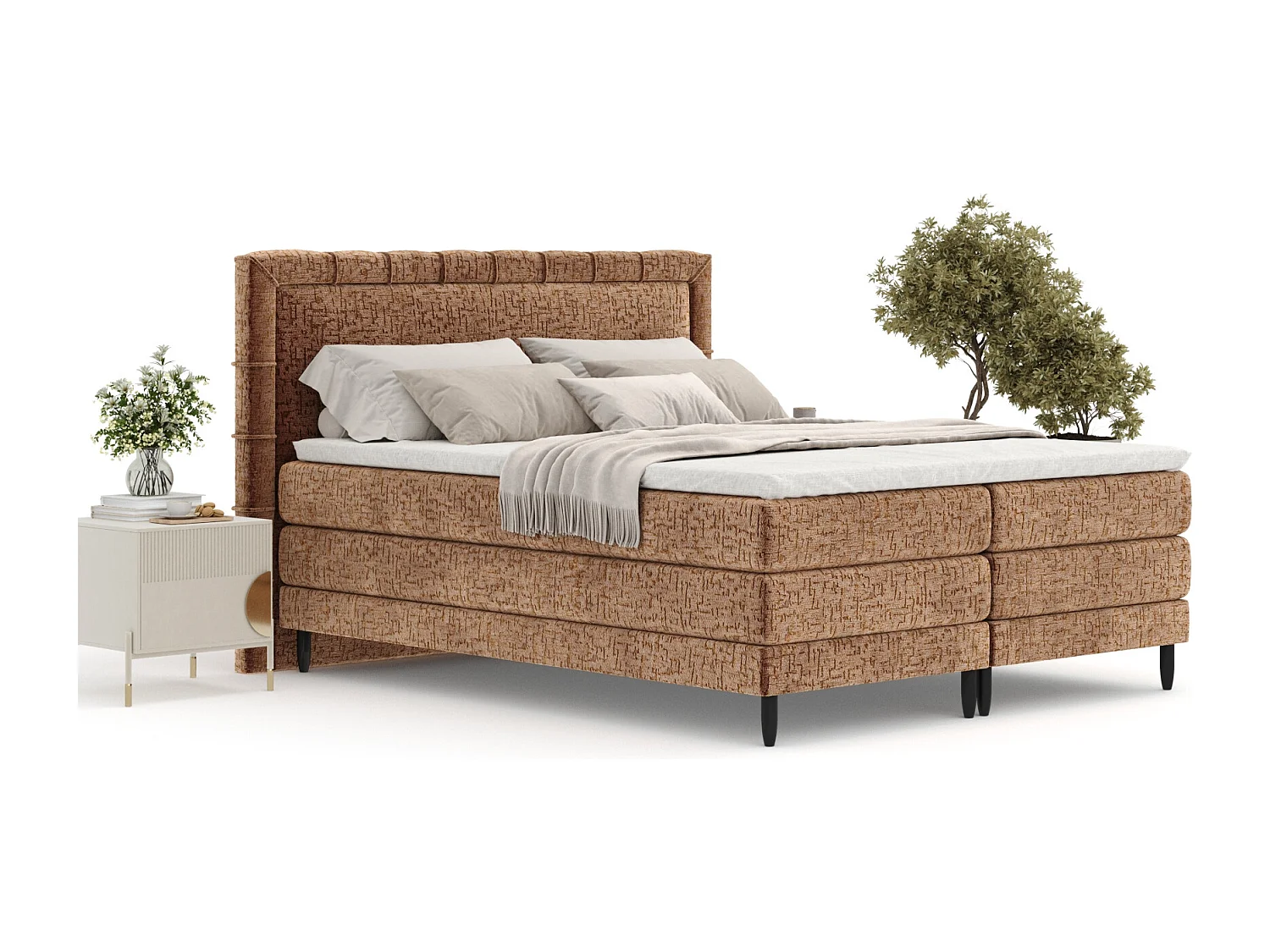 Lit boxspring en tissu chenille Rimini - matelas - surmatelas - 140x200 cm - couleur cuivre