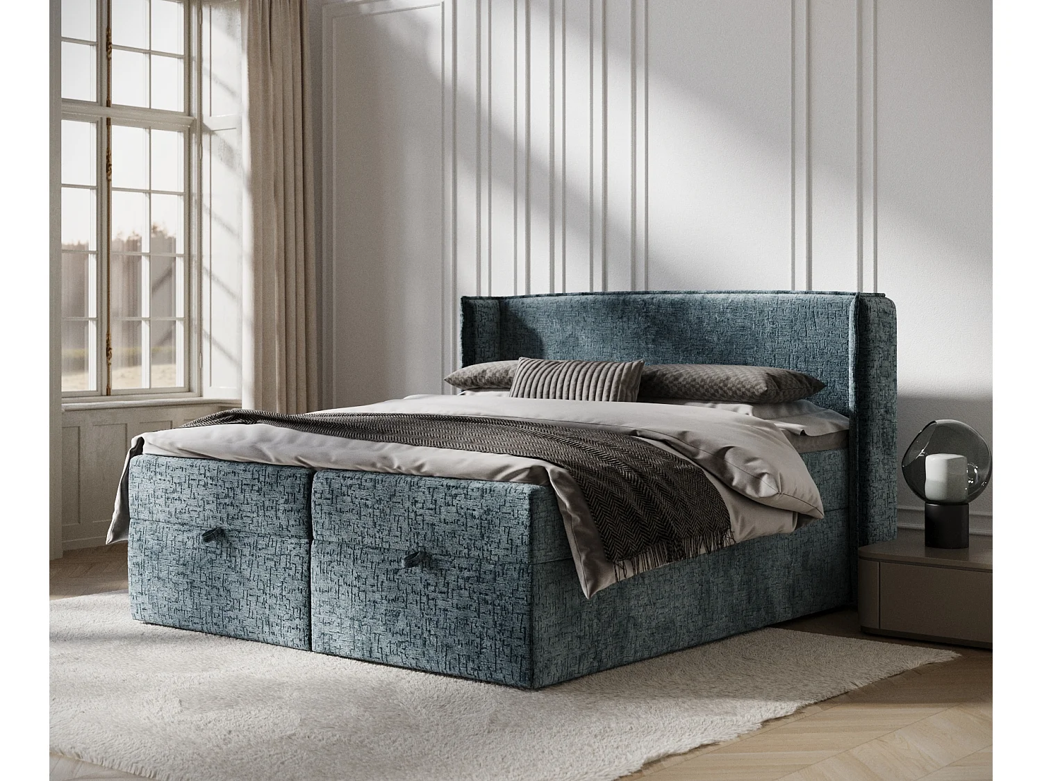 Lit boxspring en tissu chenille Passion - matelas - surmatelas - 200x200 cm - bleu