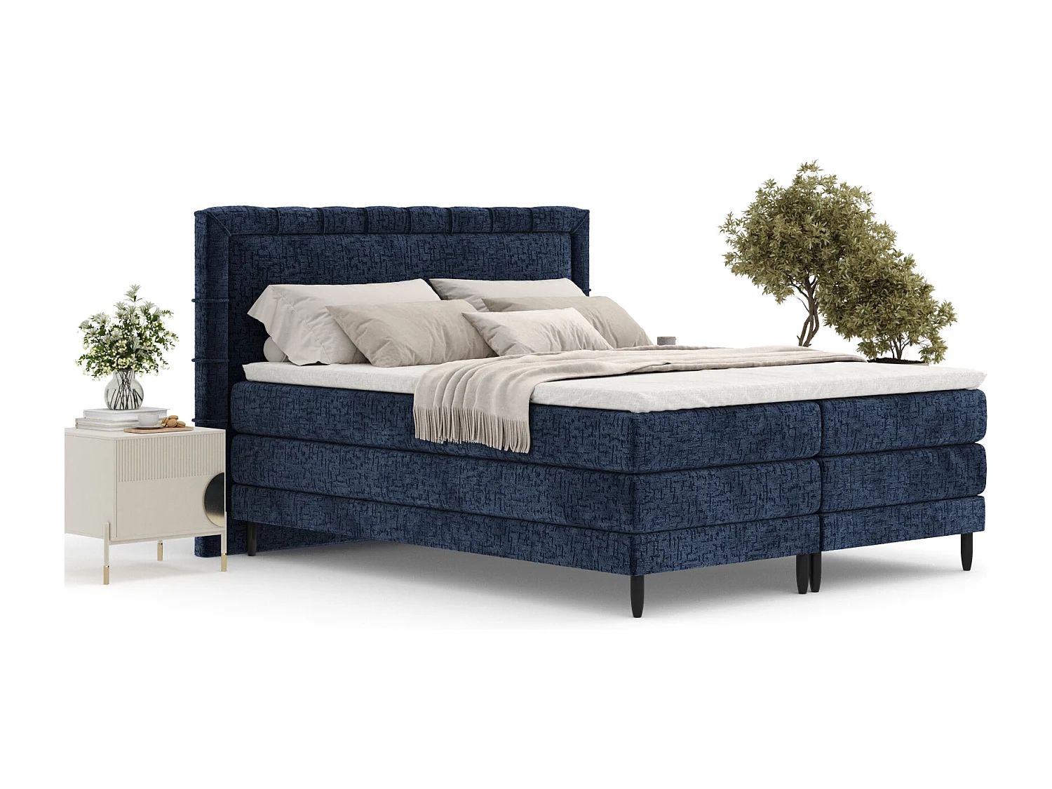 Boxspringbett aus Chenille-Stoff Rimini - materac - topper - 200x200 cm - marineblau