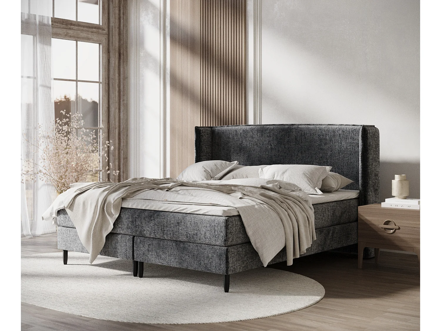 Lit boxspring en tissu chenille Ardis - matelas - surmatelas - 140x200 cm - anthracite