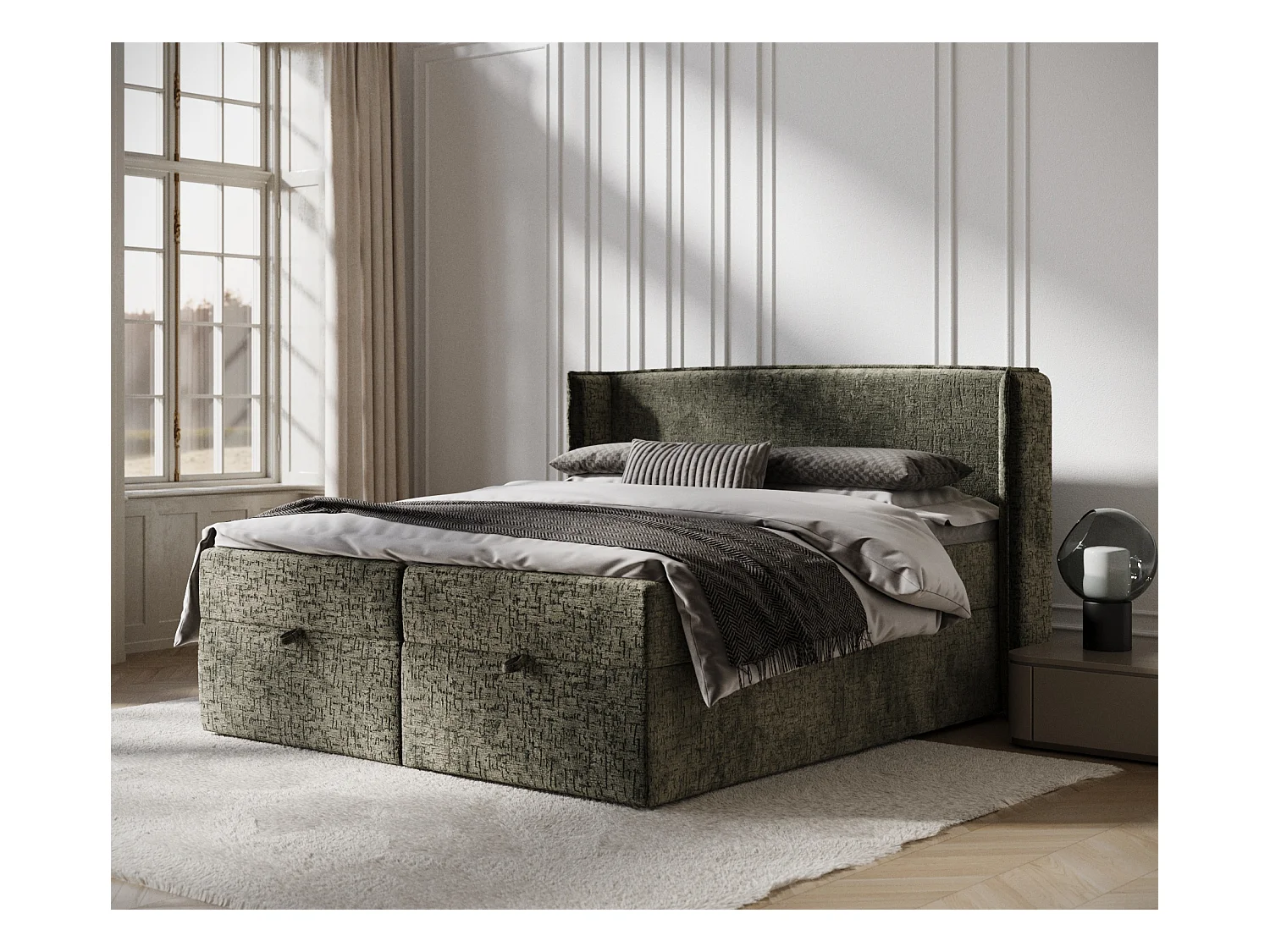 Lit boxspring en tissu chenille Passion - matelas - surmatelas - 180x200 cm - vert olive