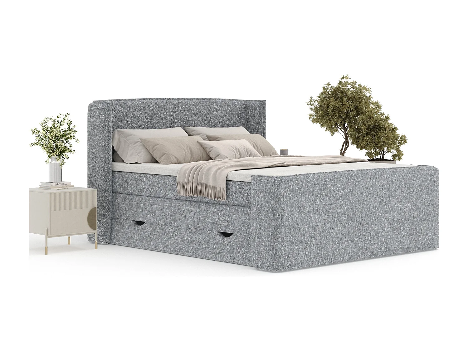 Lit boxspring en tissu bouclette Freeland - matelas - surmatelas - 160x200 cm - gris