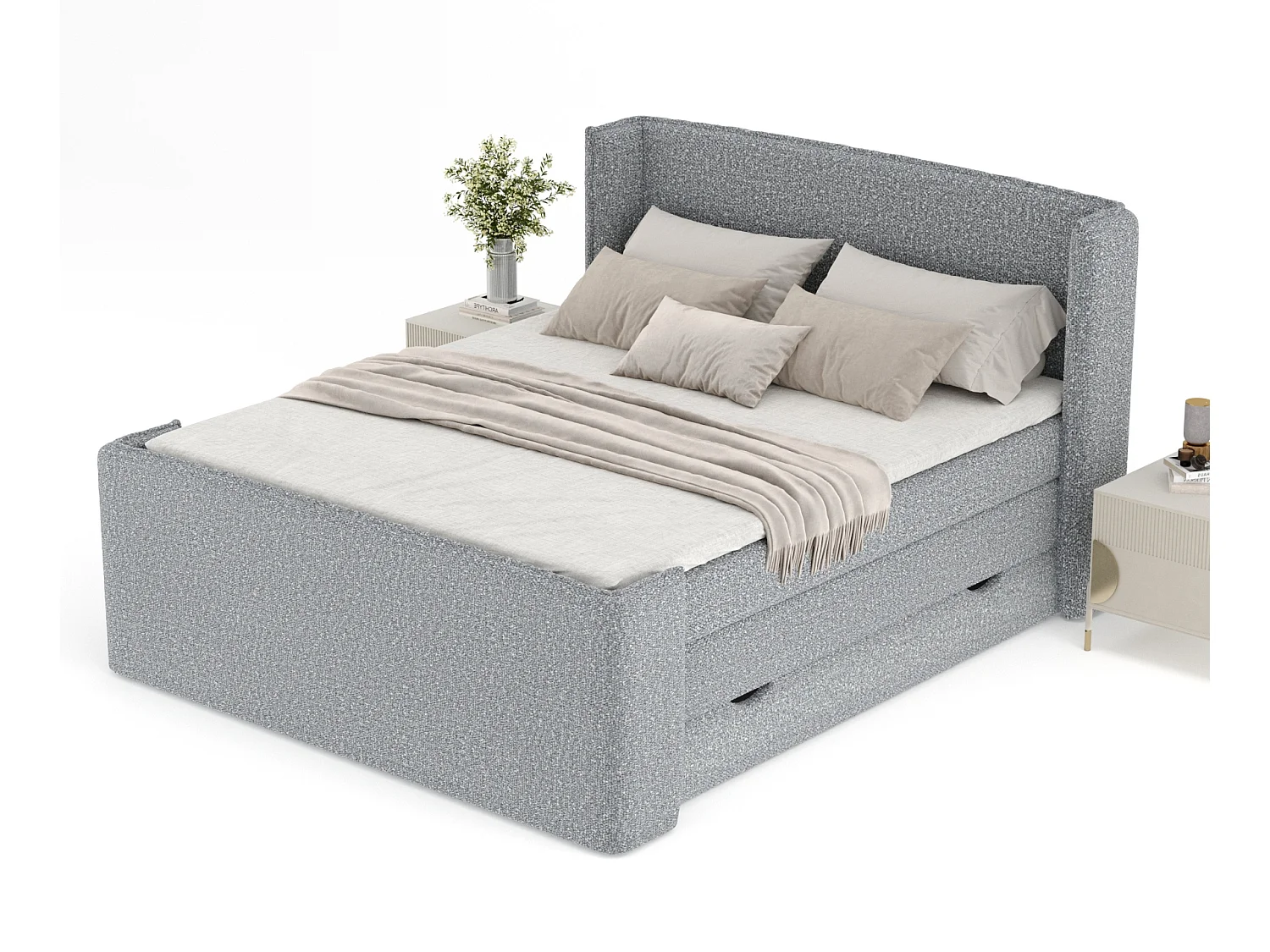 Boxspringbett aus Boucle-Stoff Freeland - Matratze - Toppermatratze - 160x200 cm - grau