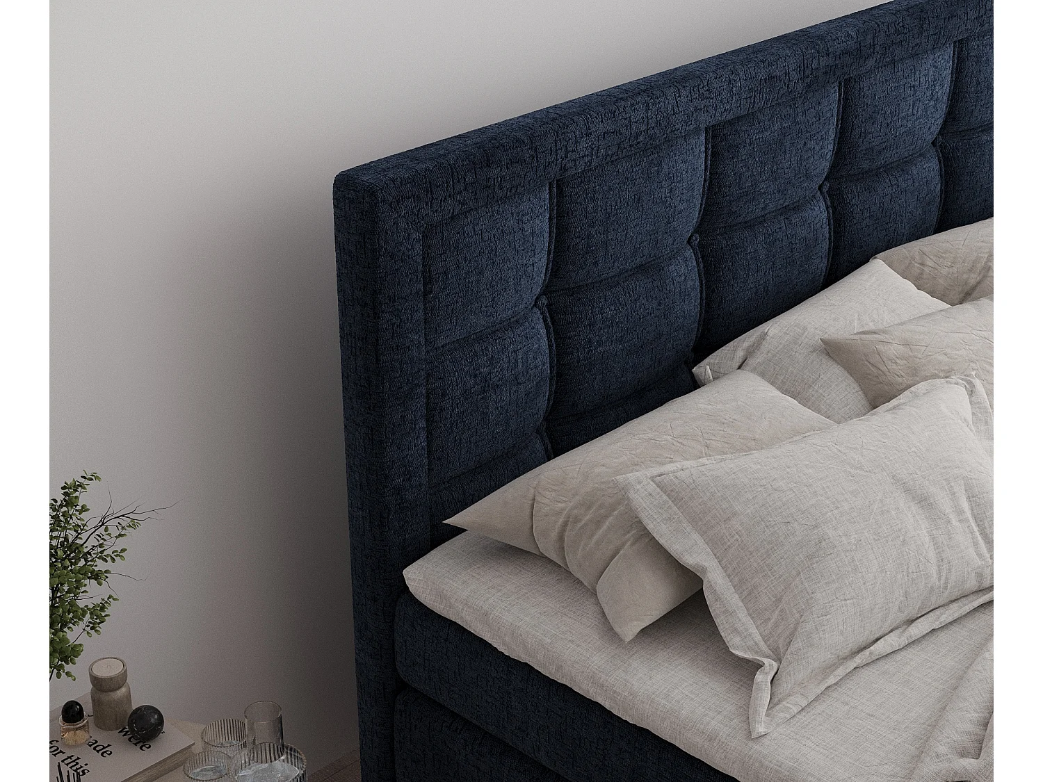 Lit boxspring en tissu chenille Ambrosia - matelas - surmatelas - 140x200 cm - bleu marine