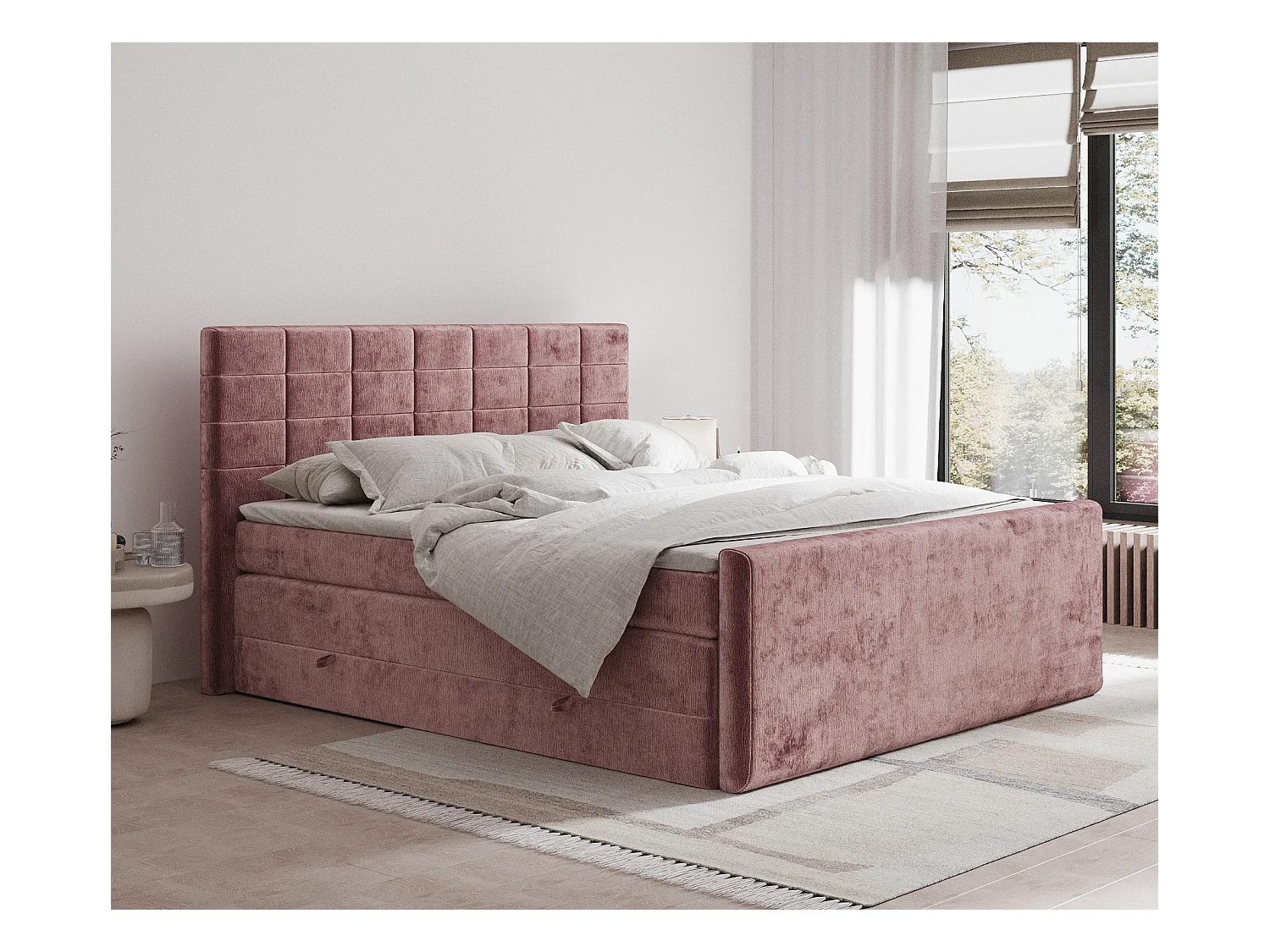 Lit boxspring en tissu chenille Ava - matelas - surmatelas - 200x200 cm - rose