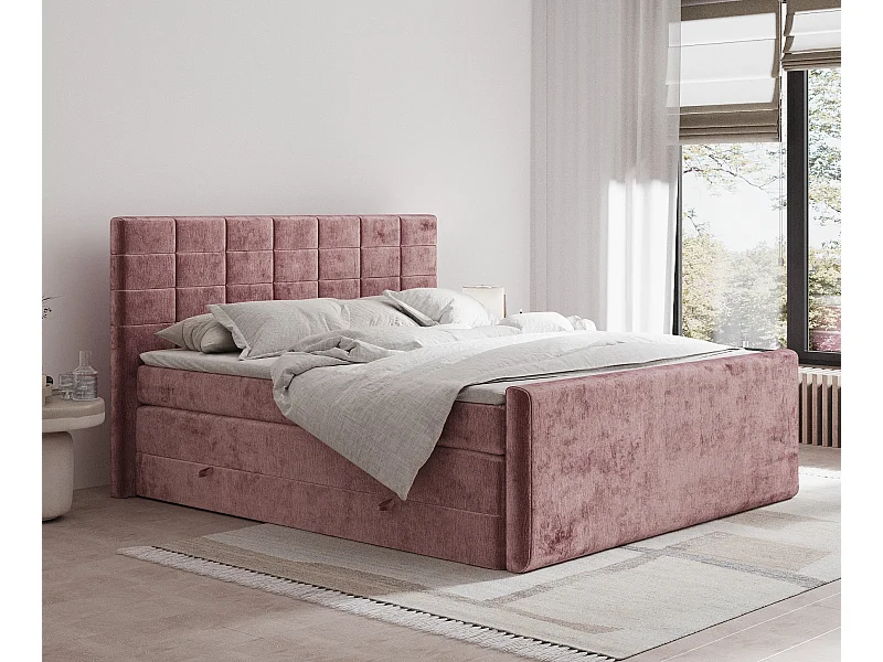 Lit boxspring en tissu chenille Ava - matelas - surmatelas - 200x200 cm - rose