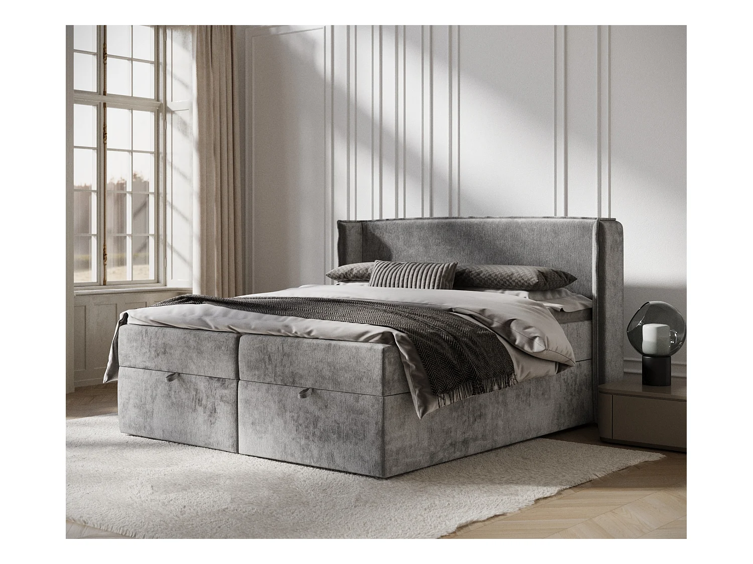 Lit boxspring en tissu chenille Passion - matelas - surmatelas - 160x200 cm - gris