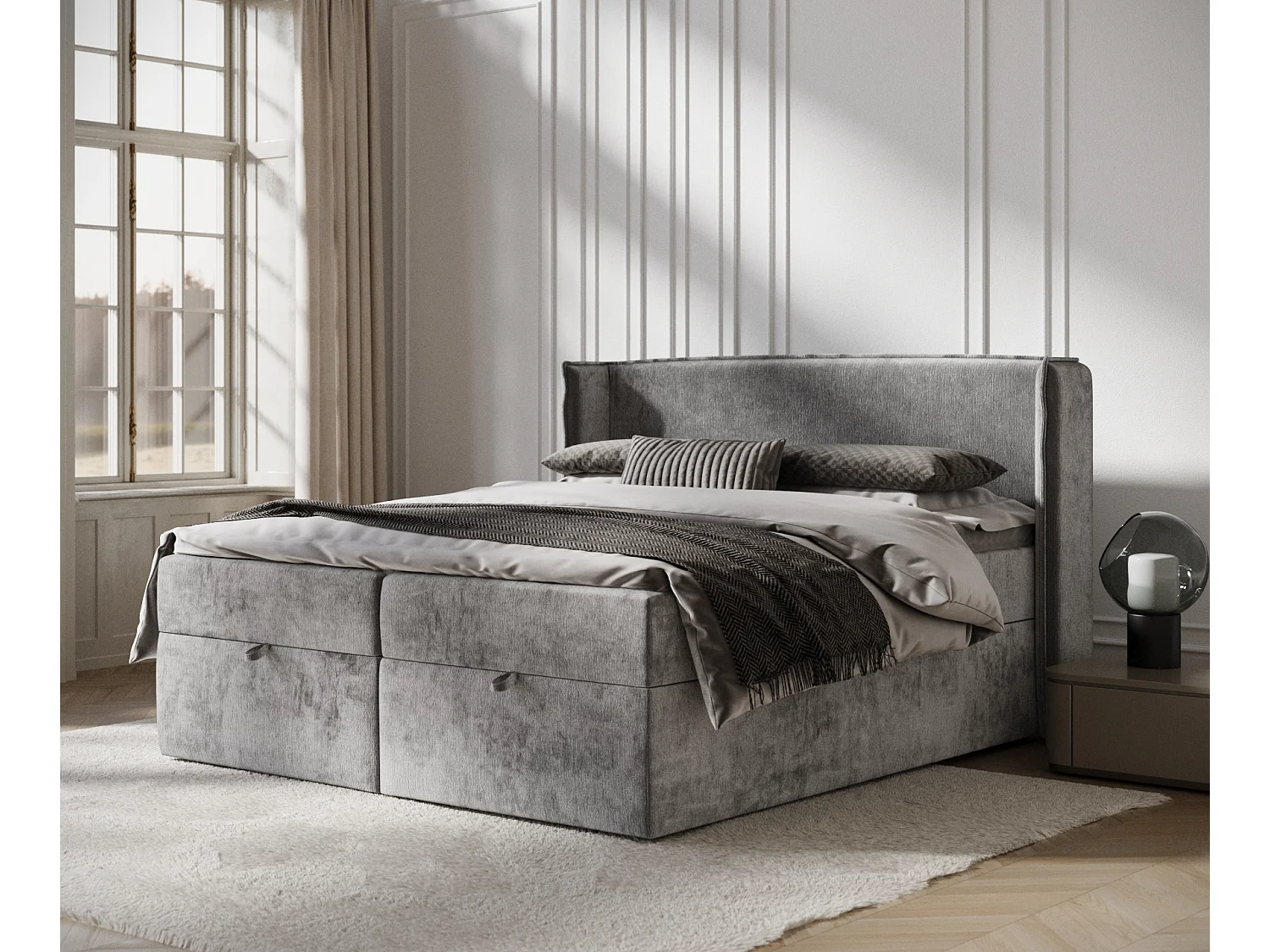 Lit boxspring en tissu chenille Passion - matelas - surmatelas - 160x200 cm - gris