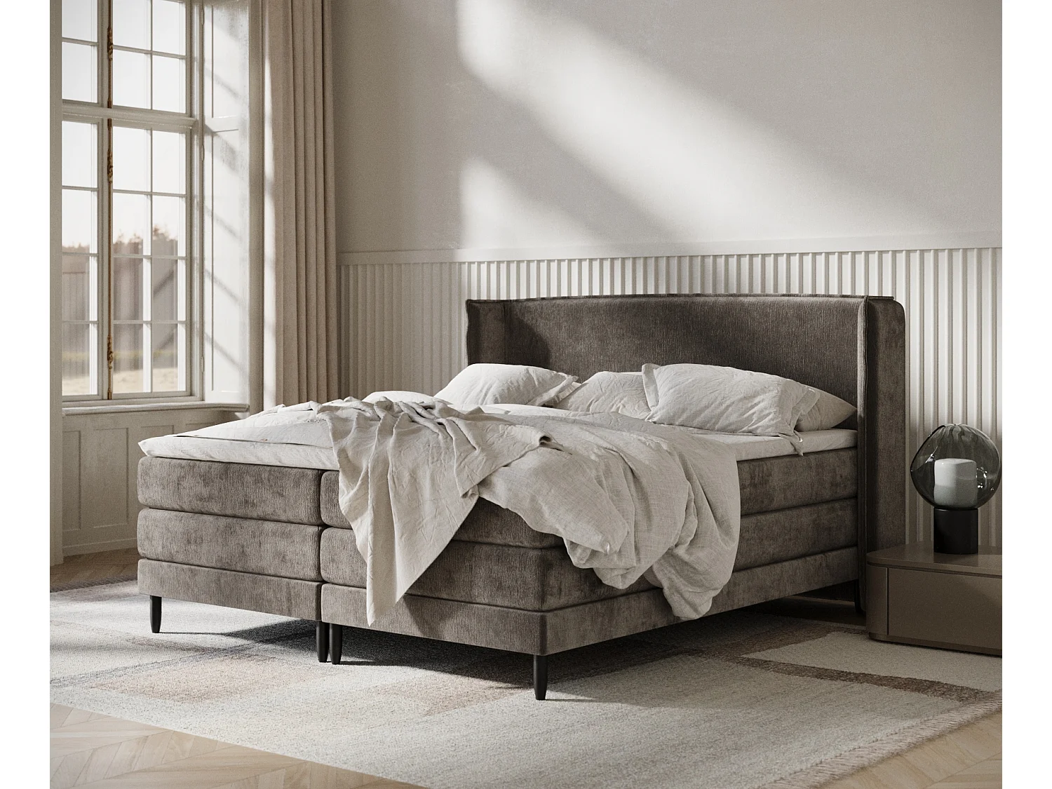 Lit boxspring en tissu chenille Carizzo - matelas - surmatelas - 200x200 cm - brun