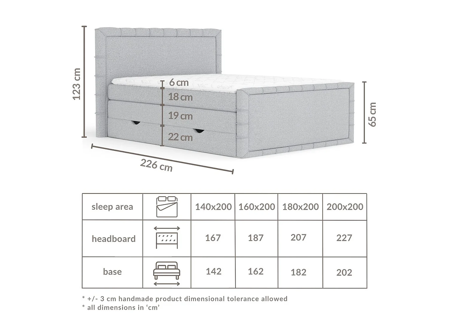 Boxspringbett im Webstoff Estelle - Matratze - Topper - 160x200 cm - beige