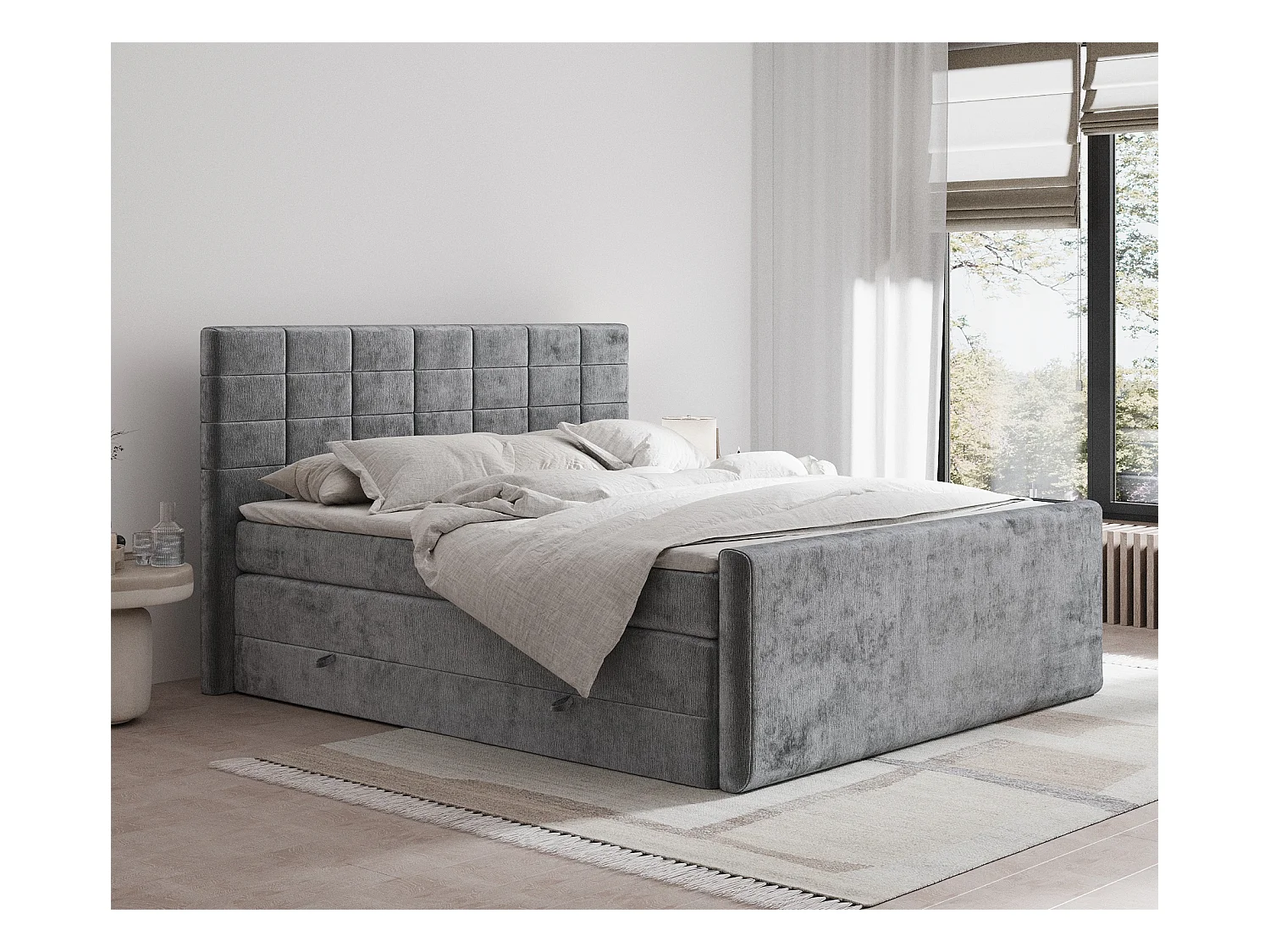 Lit boxspring en tissu chenille Ava - matelas - surmatelas - 200x200 cm - gris