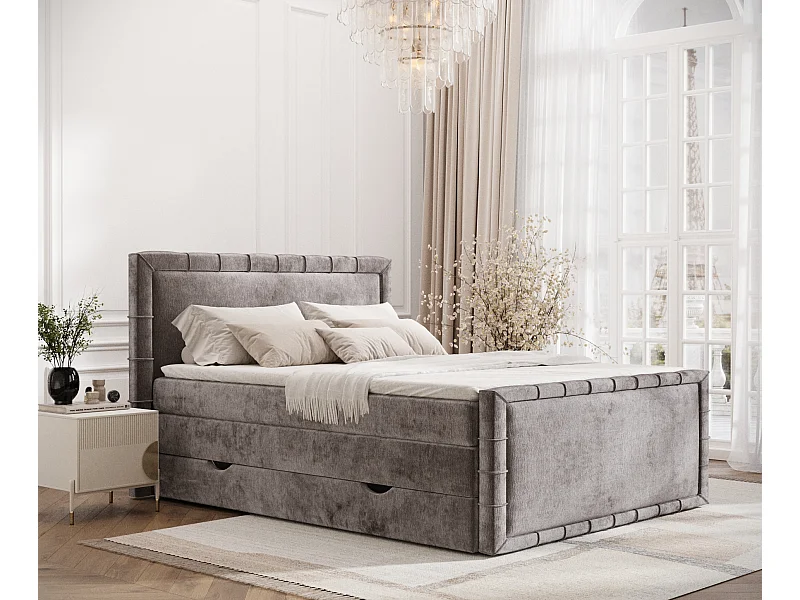 Łóżko boxspring w tkaninie szenilowej Estelle - materac - topper - 140x200 cm - beżowy