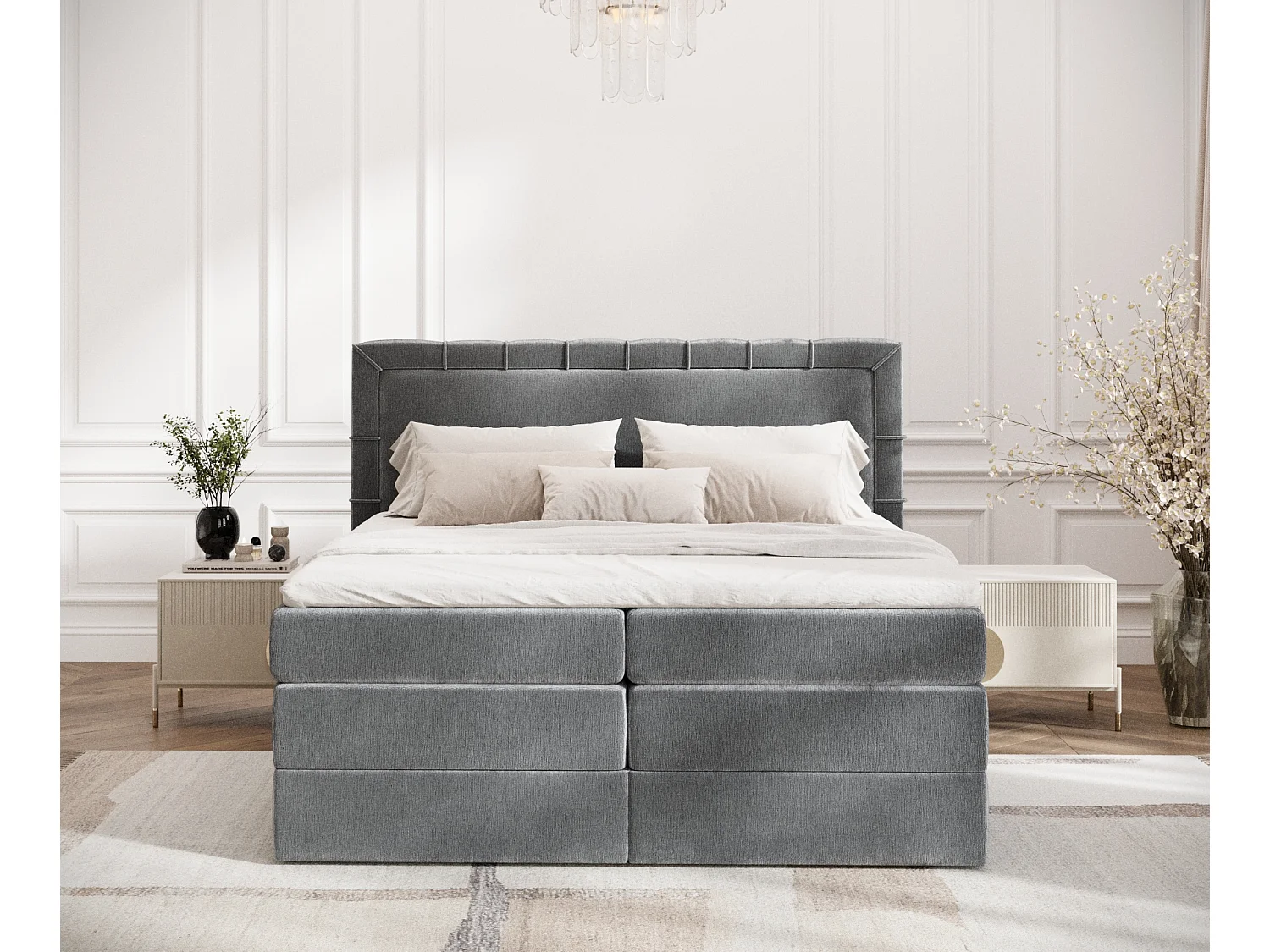 Boxspringbett aus Chenille-Stoff Rosabel - Matratze - Toppermatratze - 180x200 cm - grau