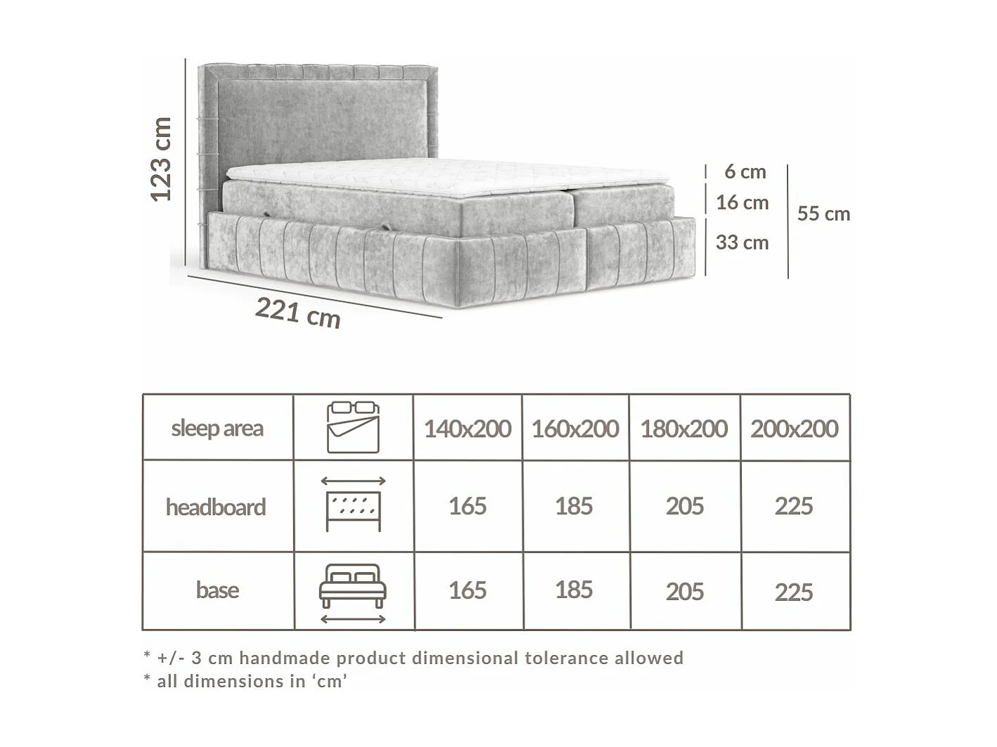 Boxspringbett aus Chenille-Stoff Sundown - Matratze - Toppermatratze - 200x200 cm - grau