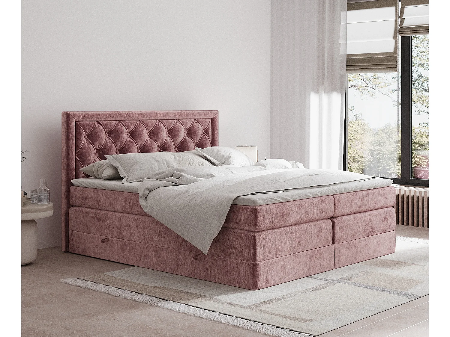 Boxspringbett aus Chenille-Stoff Aurelia - Matratze - Toppermatratze - 140x200 cm - rosa