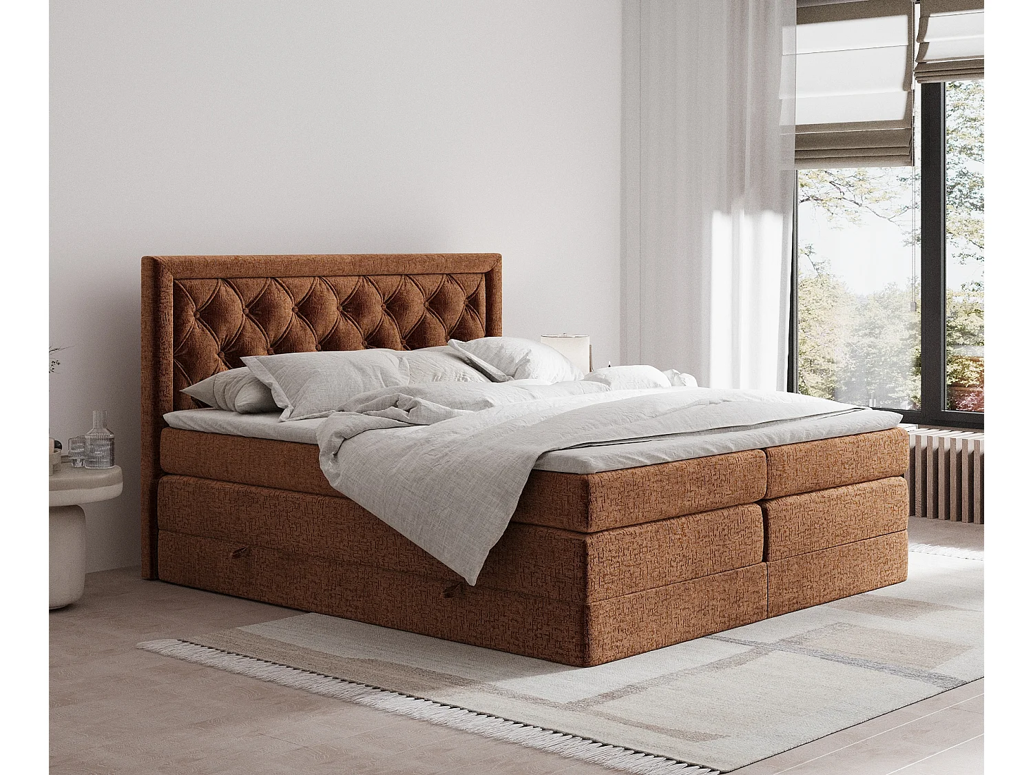 Boxspringbett aus Chenille-Stoff Aurelia - Matratze - Toppermatratze - 200x200 cm - kupferfarbe
