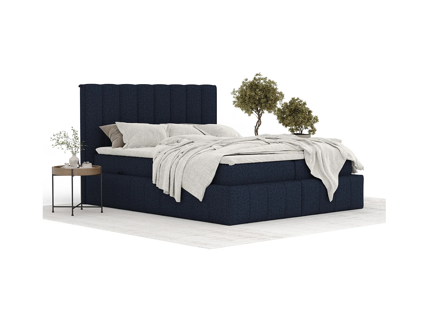 Łóżko boxspring w tkaninie plecionej Moretti - materac - topper - 160x200 cm - granatowy