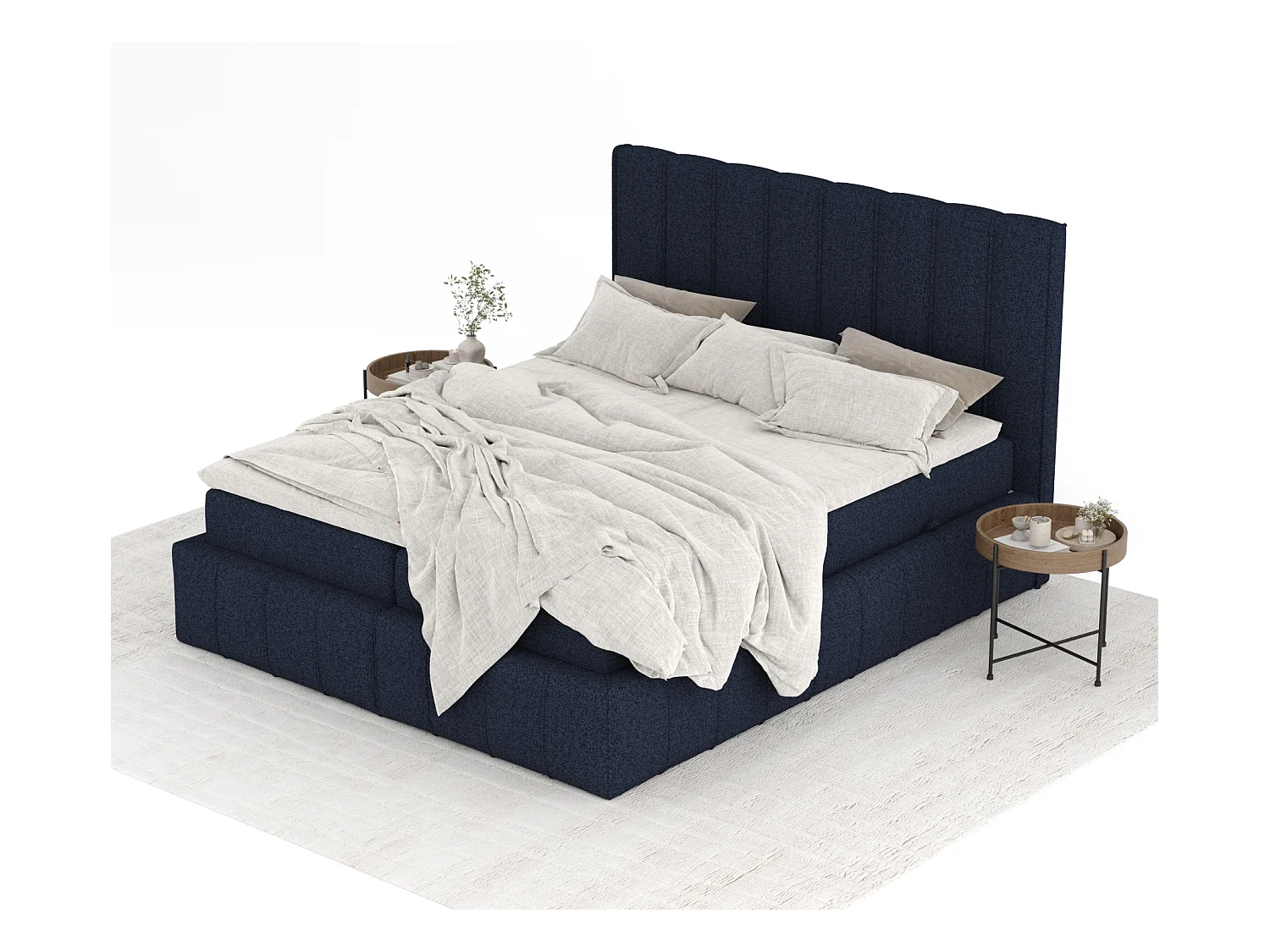 Łóżko boxspring w tkaninie plecionej Moretti - materac - topper - 160x200 cm - granatowy