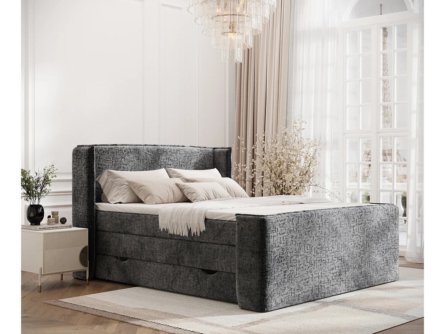 Boxspringbett aus Chenille-Stoff Freeland - Matratze - Toppermatratze - 200x200 cm - anthrazit