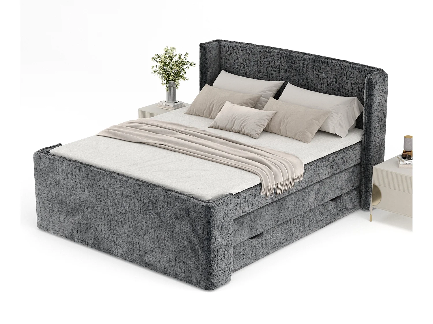 Boxspringbett aus Chenille-Stoff Freeland - Matratze - Toppermatratze - 200x200 cm - anthrazit