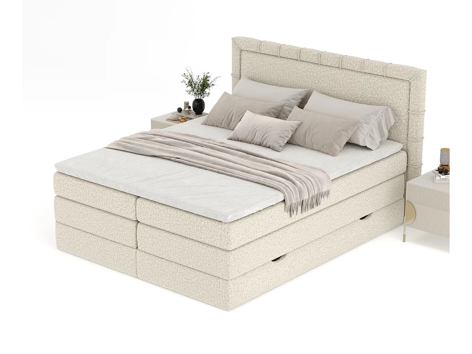Lit boxspring en tissu bouclette Rosabel - matelas - surmatelas - 200x200 cm - beige