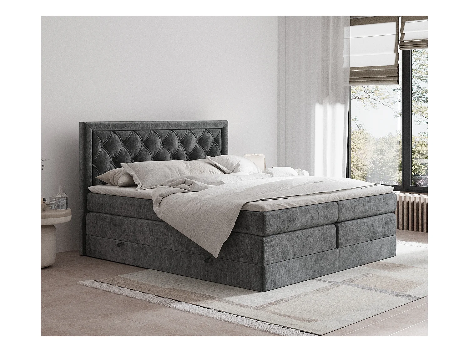 Lit boxspring en tissu chenille Aurelia - matelas - surmatelas - 180x200 cm - gris foncé