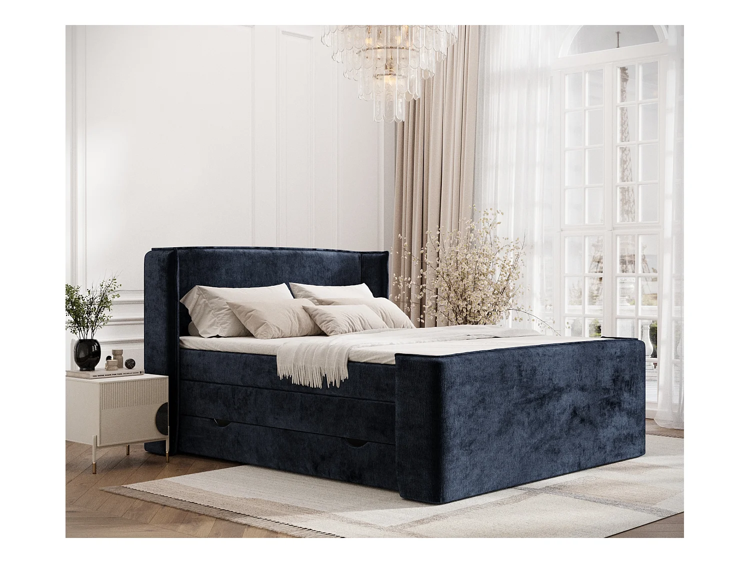 Lit boxspring en tissu chenille Freeland - matelas - surmatelas - 160x200 cm - bleu marine