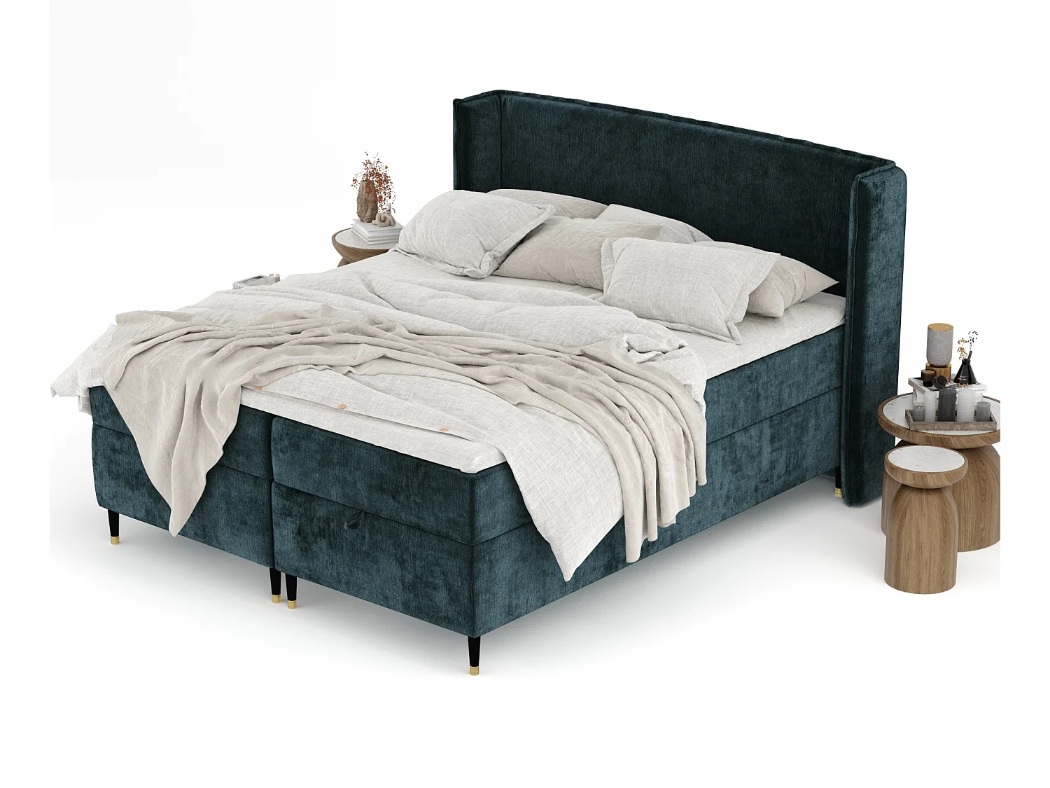 Boxspringbett aus Chenille-Stoff Monpelli - Matratze - Toppermatratze - 140x200 cm - blaugrüne