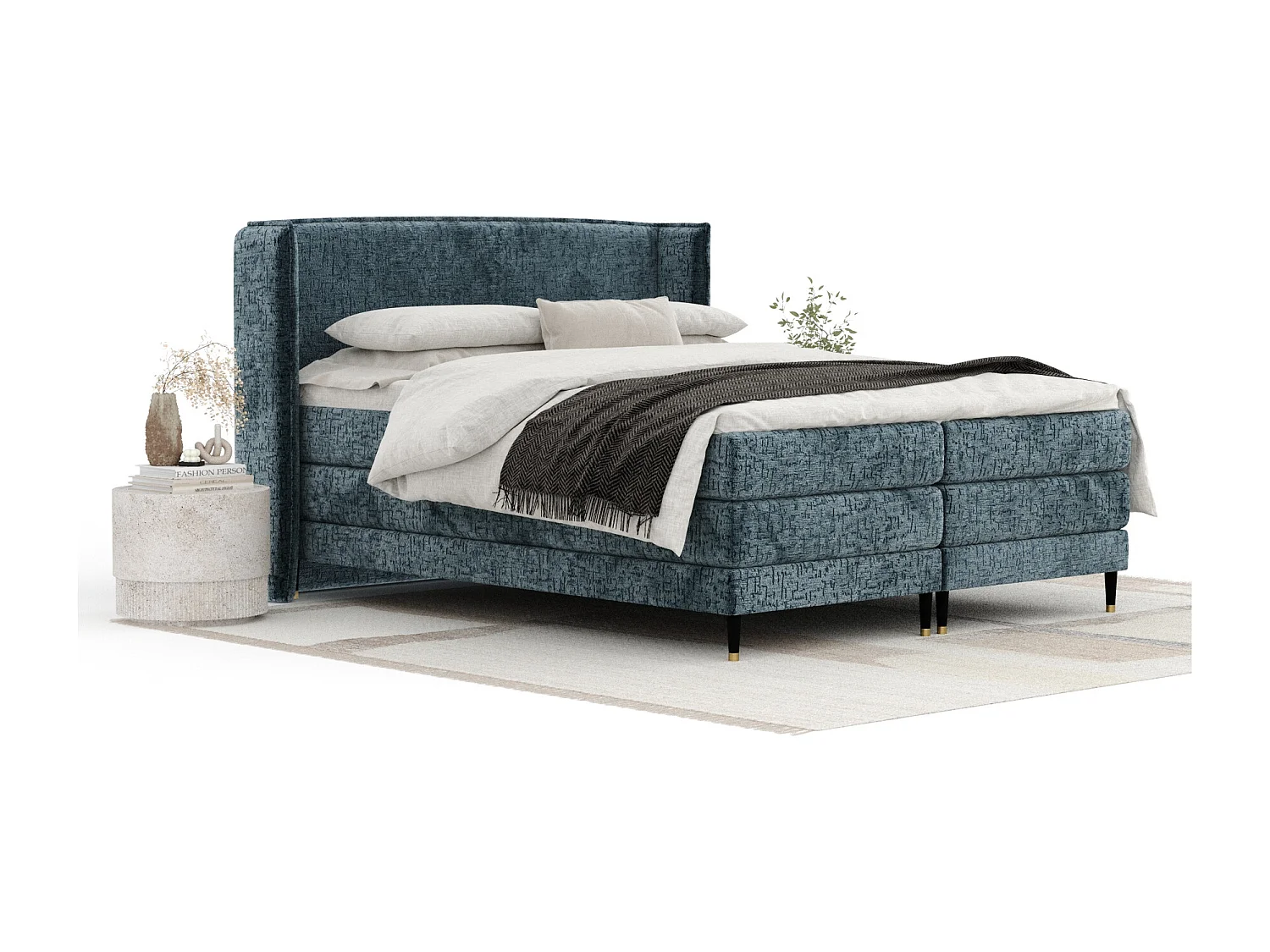 Boxspringbett aus Chenille-Stoff Carizzo - Matratze - Toppermatratze - 200x200 cm - blau