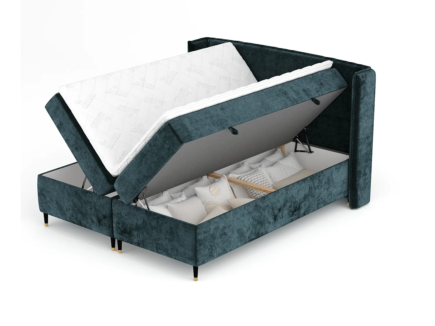 Boxspringbett aus Chenille-Stoff Segni - Matratze - Toppermatratze - 160x200 cm - blaugrüne