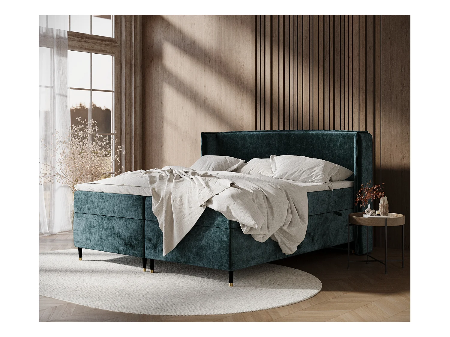 Lit boxspring en tissu chenille Segni - matelas - surmatelas - 160x200 cm - couleur sarcelle
