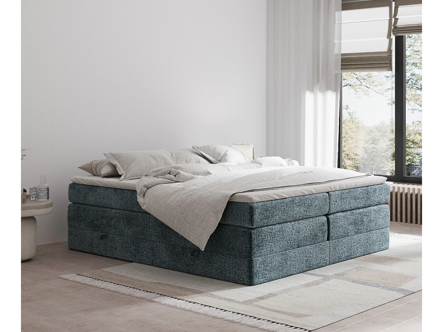 Boxspringbett aus Chenille-Stoff Juniper - Matratze - Toppermatratze - 140x200 cm - blau