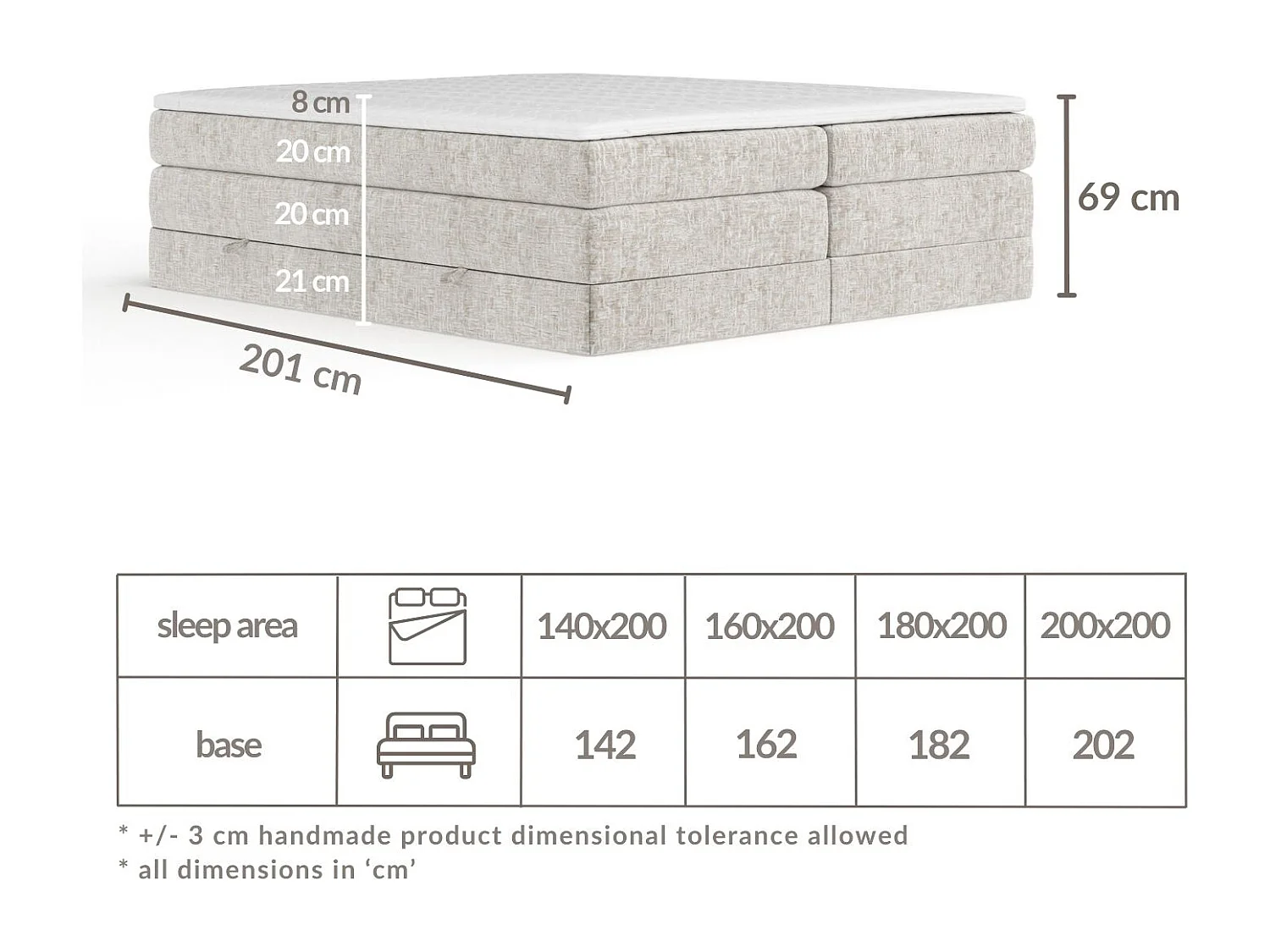 Boxspringbett aus Chenille-Stoff Juniper - Matratze - Toppermatratze - 140x200 cm - blau
