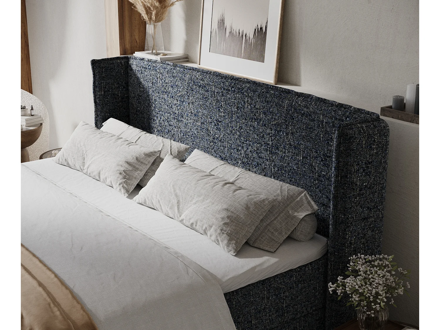 Lit boxspring en toile tissée Skyline - matelas - surmatelas - 160x200 cm - bleu marine