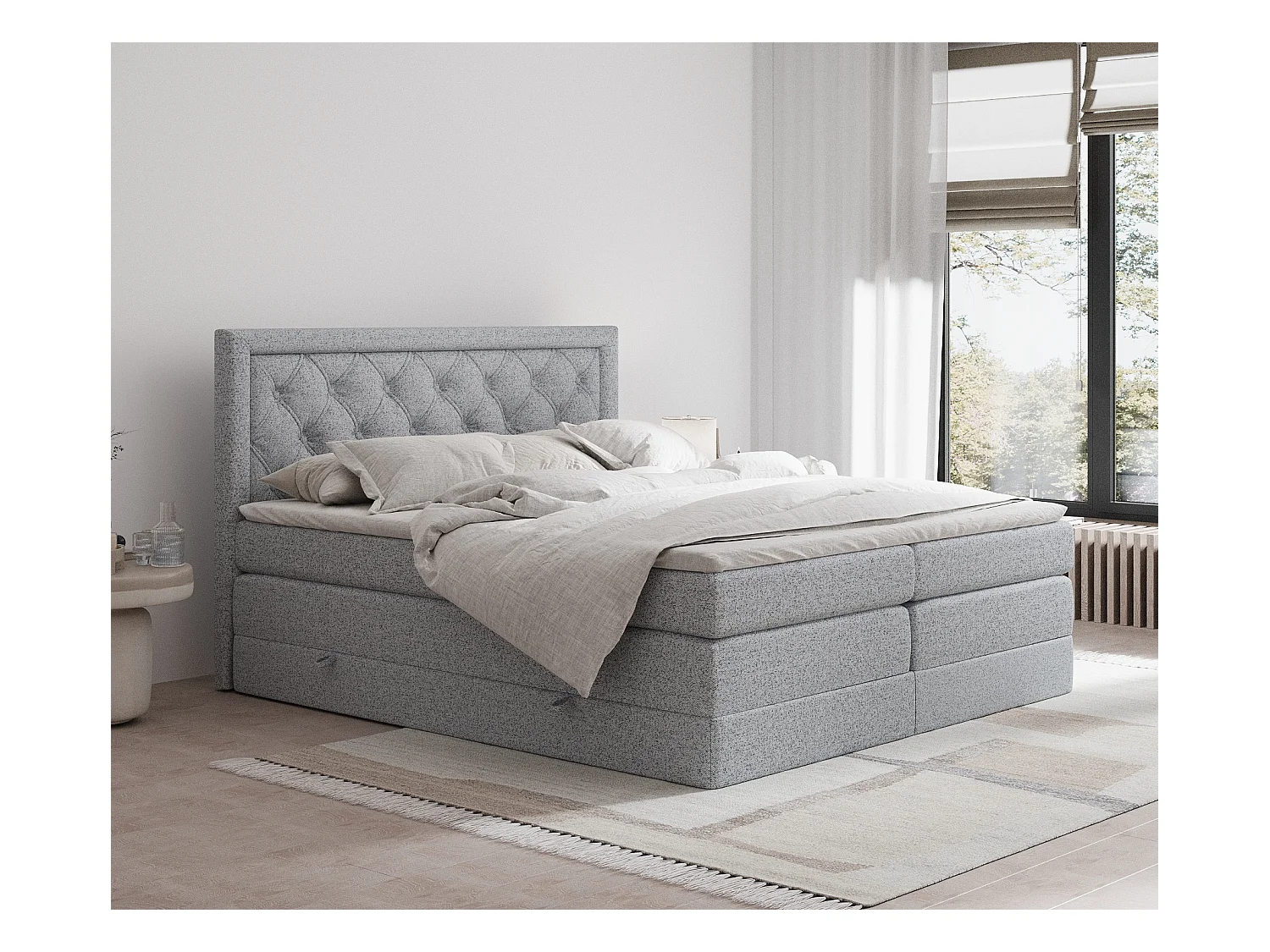 Lit boxspring en toile tissée Aurelia - matelas - surmatelas - 180x200 cm - gris