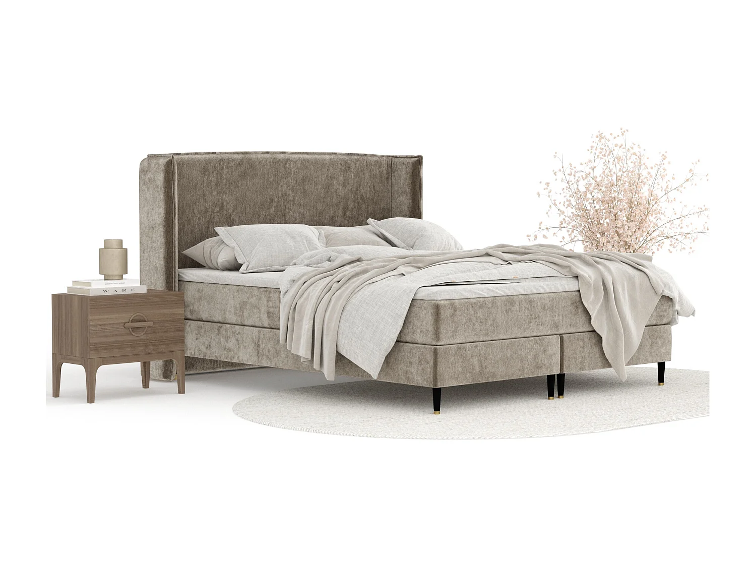 Boxspringbett aus Chenille-Stoff Ardis - Matratze - Toppermatratze - 200x200 cm - beige