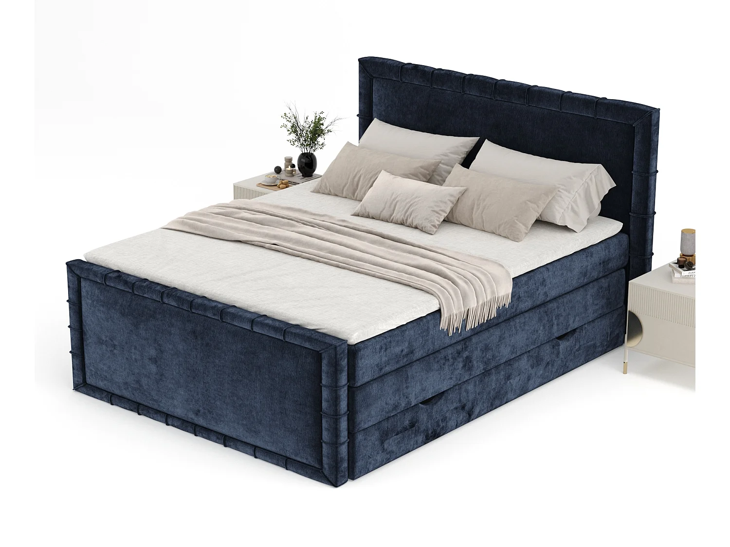 Boxspringbett im Chenille-Stoff Estelle - Matratze - Topper - 160x200 cm - marineblau