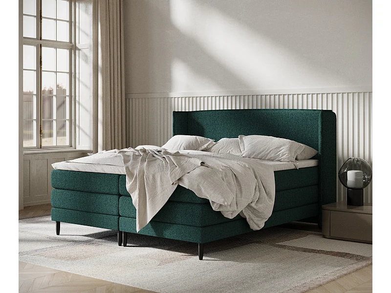 Łóżko boxspring w tkaninie plecionej Carizzo - materac - topper - 160x200 cm - zielony