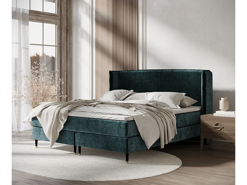 Łóżko boxspring w tkaninie szenilowej Ardis - materac - topper - 180x200 cm - teal