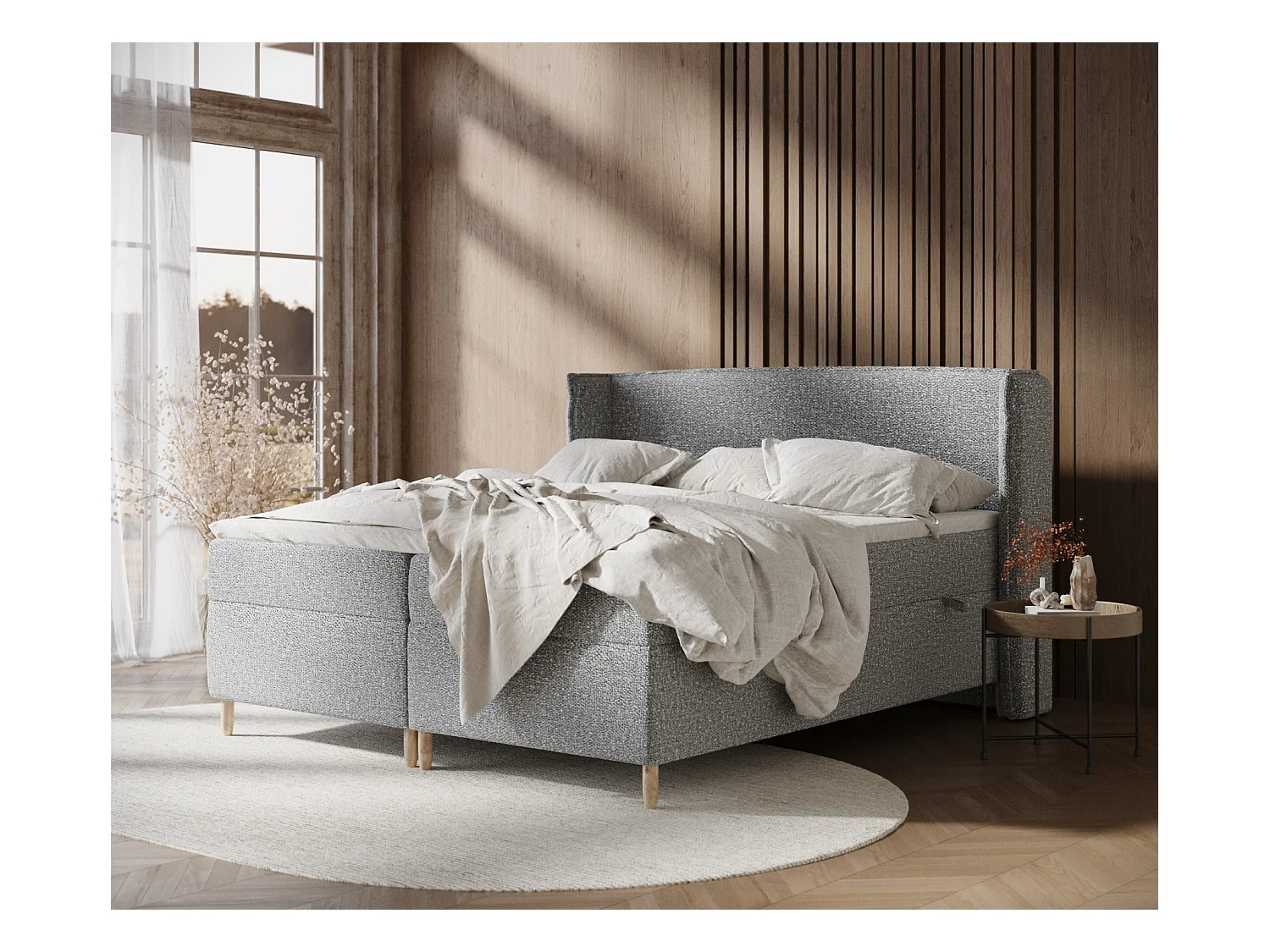 Lit boxspring en tissu bouclette Segni - matelas - surmatelas - 140x200 cm - beige