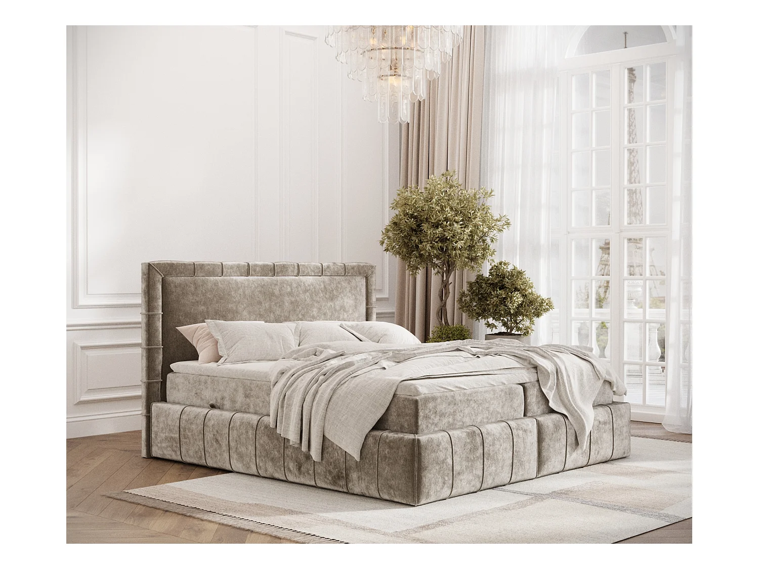 Lit boxspring en tissu chenille Sundown - matelas - surmatelas - 140x200 cm - beige