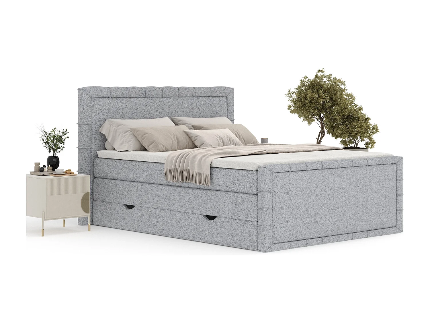 Boxspringbett im Webstoff Estelle - Matratze - Topper - 140x200 cm - grau