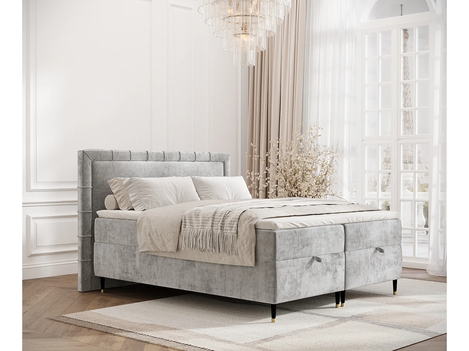 Lit boxspring en tissu chenille Voyage - matelas - surmatelas - 200x200 cm - gris clair