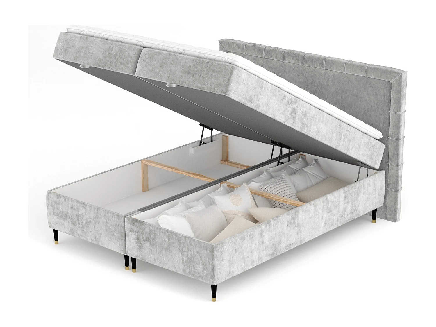 Lit boxspring en tissu chenille Voyage - matelas - surmatelas - 200x200 cm - gris clair