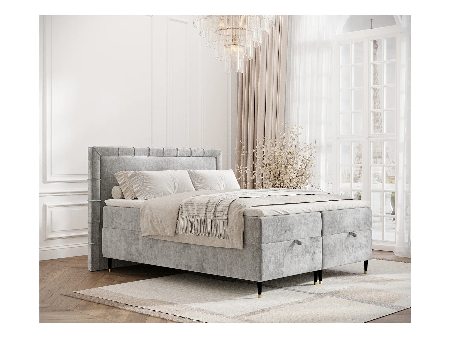Lit boxspring en tissu chenille Voyage - matelas - surmatelas - 200x200 cm - gris clair
