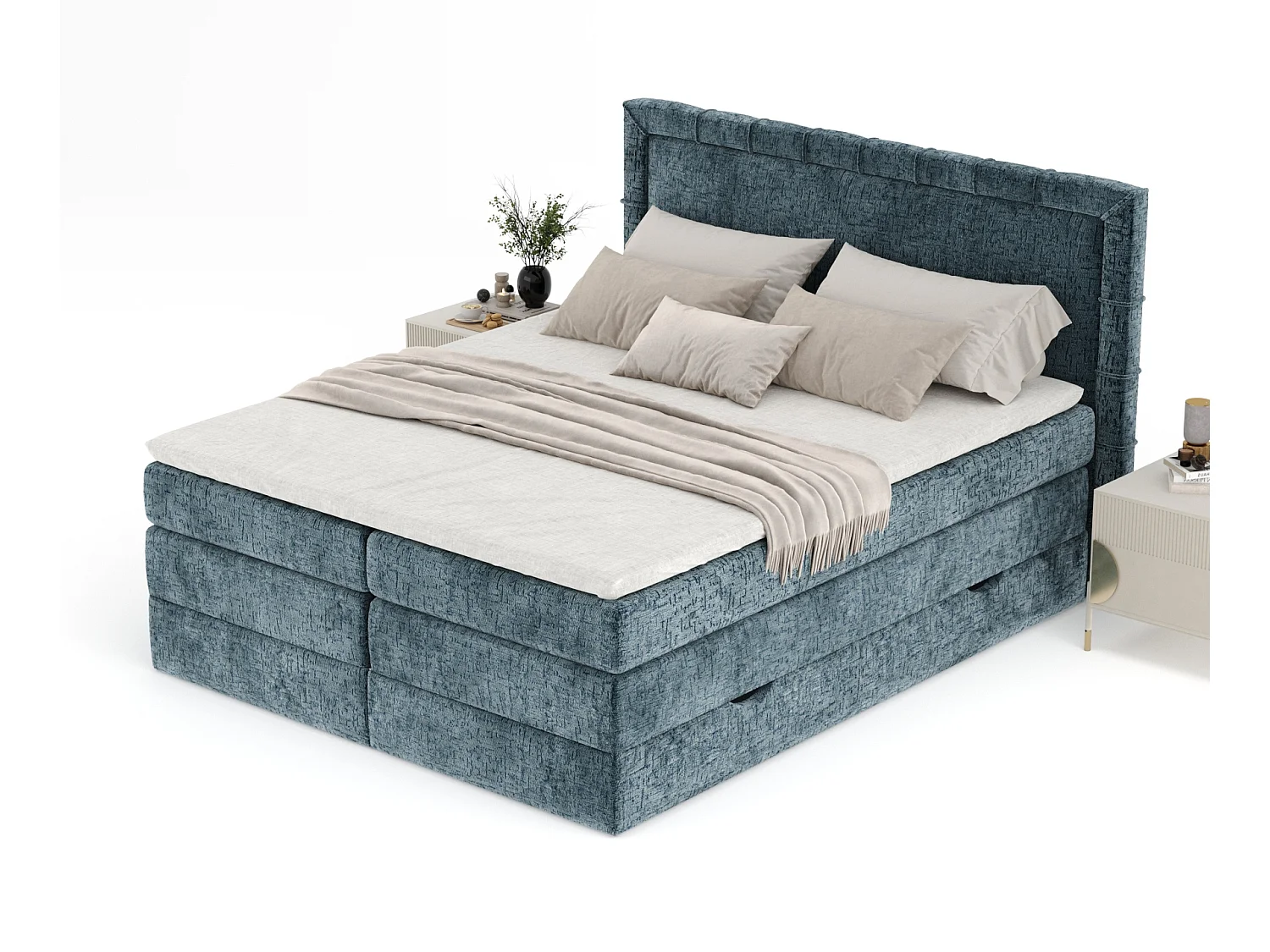 Boxspringbett aus Chenille-Stoff Rosabel - Matratze - Toppermatratze - 180x200 cm - blau