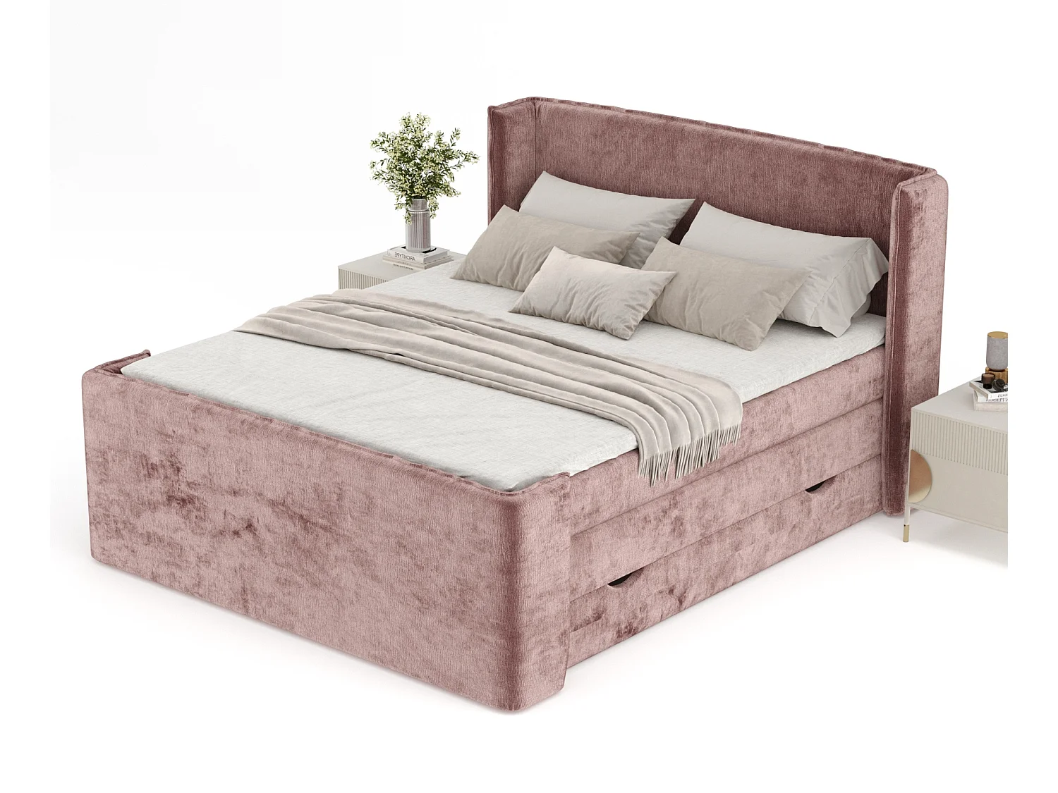 Boxspringbett aus Chenille-Stoff Freeland - Matratze - Toppermatratze - 160x200 cm - rosa