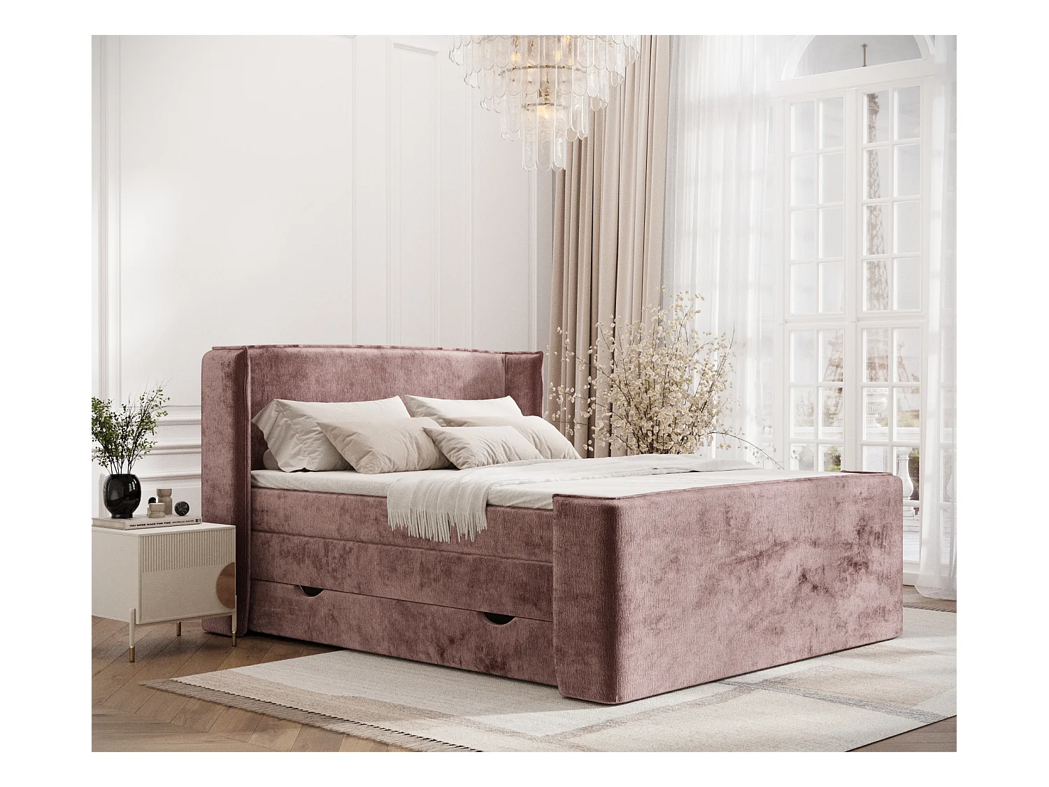 Lit boxspring en tissu chenille Freeland - matelas - surmatelas - 160x200 cm - rose