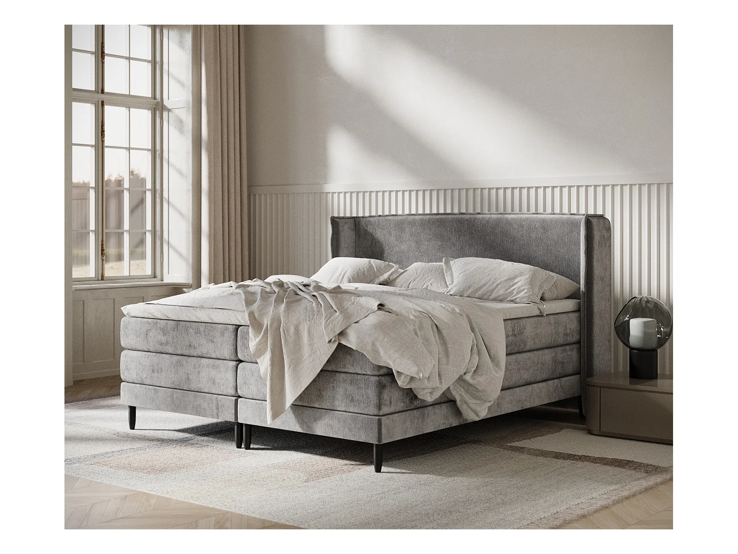 Lit boxspring en tissu chenille Carizzo - matelas - surmatelas - 160x200 cm - gris
