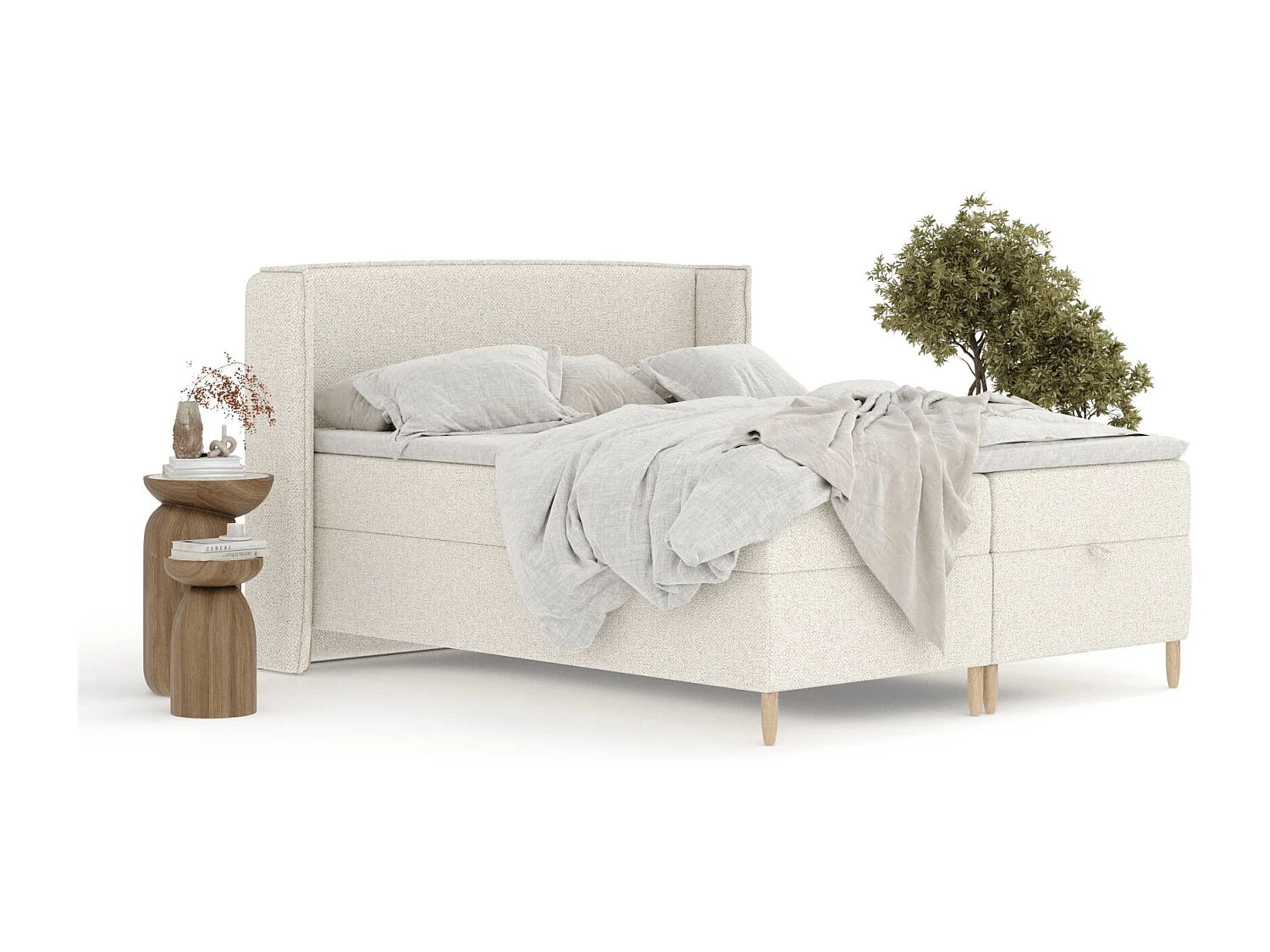 Boxspringbett aus Boucle-Stoff Monpelli - Matratze - Toppermatratze - 180x200 cm - creme